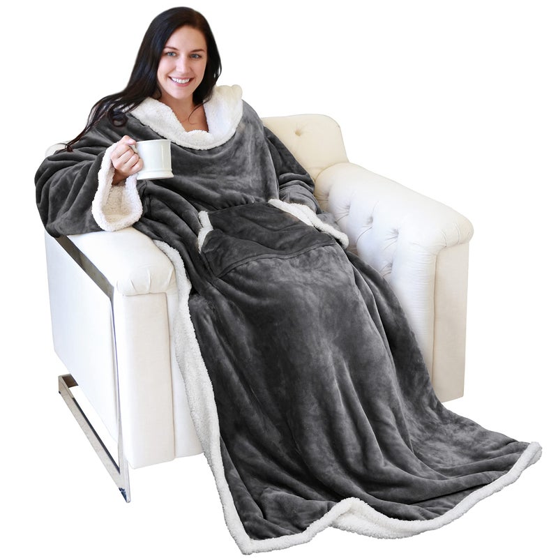 Catalonia Sherpa Wearable Blanket with Sleeves Arms, Super Soft Warm Comfy Large Fleece Plush Sleeved TV Throws Wrap Robe Blanket for Adult Women and Men - Image 1